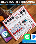 Top view of MW6 White 6 Channel Pro DJ Audio Mixer Portable Controller USB DSP With 99 Preset Effects on wooden table.