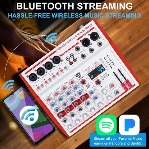 Top view of MW6 White 6 Channel Pro DJ Audio Mixer Portable Controller USB DSP With 99 Preset Effects on wooden table.