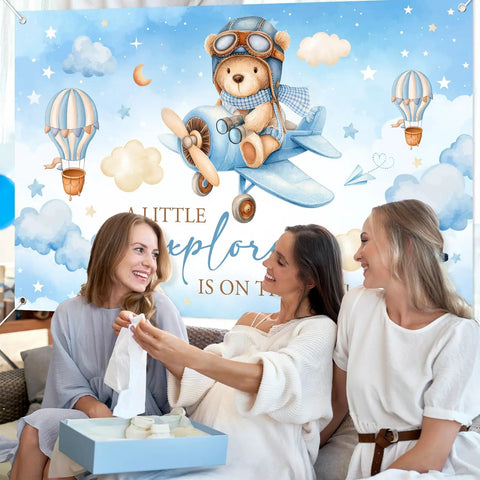 Airplane Baby Shower Banner With Little Explorer Vibe And Hot Air Balloons Boy Shower Backdrop 6 By 3 Point 6 Ft Photo Background Easy Hang Decor For A Fun Kid Friendly Party featuring women seated with gift box.