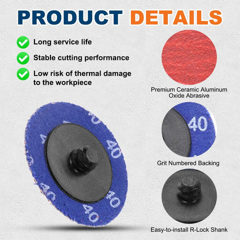 Professional 2 Inch Ceramic Sanding Discs 25 Pack 40 Grit Coarse Abrasive Wheels For Die Grinders showing grit numbered backing and R-Lock shank.