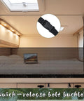 Adjustable RV Bunk Bed Safety Net Heavy Duty Polyester Mesh Guard Rail For Camper Motorhome Trailer With Built Tough Hardware, showing quick-release buckle.