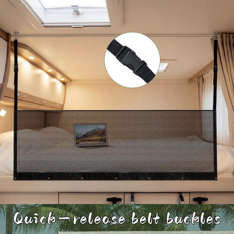 Adjustable RV Bunk Bed Safety Net Heavy Duty Polyester Mesh Guard Rail For Camper Motorhome Trailer With Built Tough Hardware, showing quick-release buckle.
