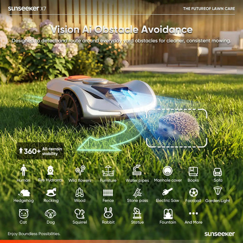 Wireless Robot Lawn Mower For Medium To Large Yards Up To 0.75 Acre With Smart App Control navigating around a hedgehog