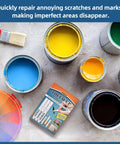 Top Shelf Refillable Touch Up Paint Pen Kit With Precision Wooden Detailing Brush For Furniture And Hardwood Floors Quick Drip Free Scratch Fix That Nails It Every Time, colorful paint cans and brush on a table.