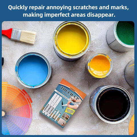 Top Shelf Refillable Touch Up Paint Pen Kit With Precision Wooden Detailing Brush For Furniture And Hardwood Floors Quick Drip Free Scratch Fix That Nails It Every Time, colorful paint cans and brush on a table.