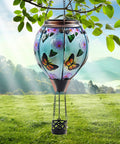 Hot Air Balloon Solar Lantern With Flickering Flame, Glass Hanging Garden Lights, Butterfly Pattern, 18 Inch Tall