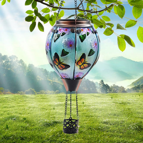 Hot Air Balloon Solar Lantern With Flickering Flame, Glass Hanging Garden Lights, Butterfly Pattern, 18 Inch Tall