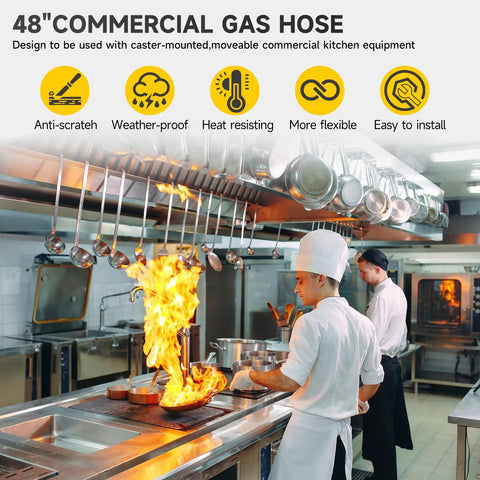 Chef cooking in commercial kitchen with graphic overlay of Three Quarter Inch Gas Hose 48 Inch Long Safety System Kit description.