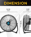 Heavy Duty 12 Inch High Velocity Floor Fan With All Metal Construction, front and side view dimensions