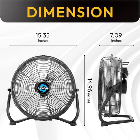Heavy Duty 12 Inch High Velocity Floor Fan With All Metal Construction, front and side view dimensions