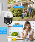 Outdoor 5MP PTZ WiFi Security Camera With Auto Tracking And Floodlight Color Night Vision 355 Horizontal 90 Vertical 4x Zoom Human Detection 2 Way Audio Onvif RTSP IP66 Waterproof installed on a house corner with two-way audio feature highlighted.