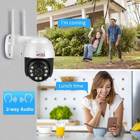 Outdoor 5MP PTZ WiFi Security Camera With Auto Tracking And Floodlight Color Night Vision 355 Horizontal 90 Vertical 4x Zoom Human Detection 2 Way Audio Onvif RTSP IP66 Waterproof installed on a house corner with two-way audio feature highlighted.