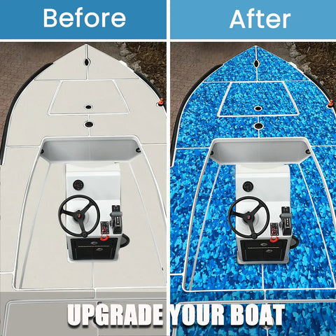 Before and after of boat with Camouflage EVA Boat Flooring Self Adhesive Decking Sheet For Kayak Yacht Motorboat And Fishing Boat