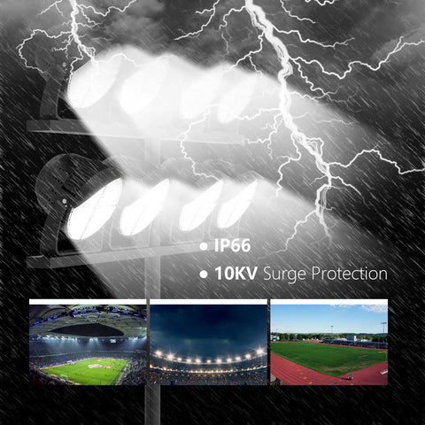 Heavy Duty Led Stadium Light 1200W Pumps Out 162K Lumens With A Hard Hitting 15 Degree Beam Dimmable All Weather Floodlamp in stormy environment.