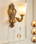 Plug in Wall Sconce, Dimmable Vintage Gold Wall Lamp 0%-100% Brightness with frosted glass shade and antique brass finish.