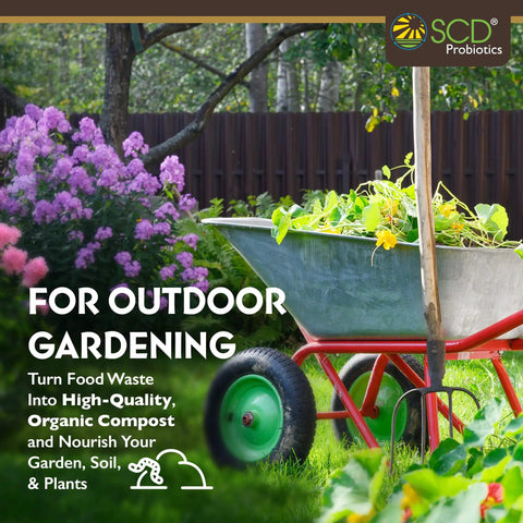 Organic compost in wheelbarrow with SCD Probiotics sign, surrounded by garden, suitable for Bokashi composting.