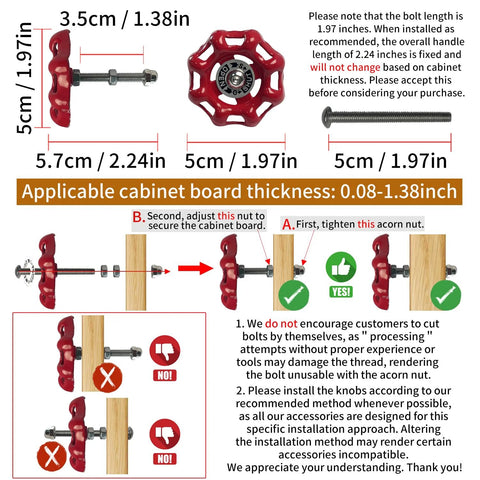 4 Pack Vintage Iron Valve Cabinet Knobs And Pulls With Drill Bit installation guide, showing red industrial style knobs and hardware.