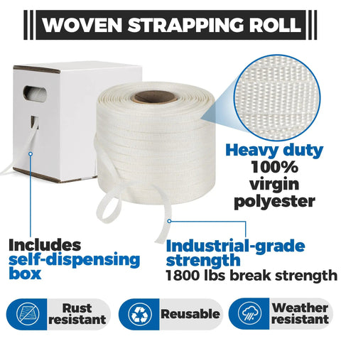 Badass Heavy Woven Pallet Strapping Tape One Thousand Foot Roll Half Inch Wide in self-dispensing box, heavy-duty polyester material.