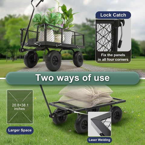 Beefy Heavy Duty Garden Wagon Cart With 880 Lb Capacity And All Terrain Solid Wheels shown with removable sides and handle.