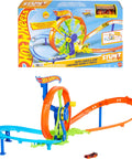 Launch And Loop Toy Car Track Set with Cranked Wheel Booster and Figure Eight Crash Zone displayed with die-cast car.