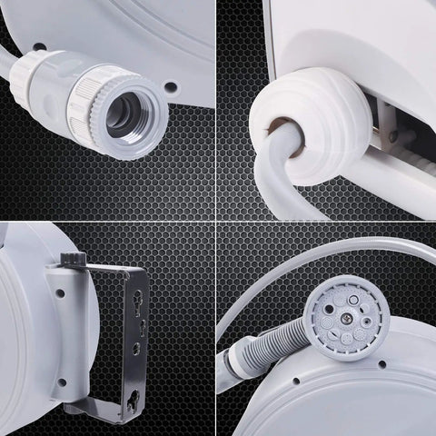 Close-up of Retractable Garden Hose Reel With Wall Mount Auto Rewind System, connectors and brackets shown, multiple size options.