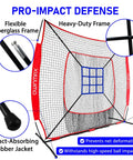 7x7 Ft Baseball And Softball Practice Net With Detachable Bow Frame For Batting Hitting And Pitching Heavy Duty Durable Build Pro Grade Portable With Carry Bag Great For All Levels Indoor Or Outdoor Training. Large net with red and black frame, blue center target, and protective impact-absorbing features visible.