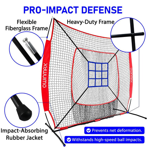 7x7 Ft Baseball And Softball Practice Net With Detachable Bow Frame For Batting Hitting And Pitching Heavy Duty Durable Build Pro Grade Portable With Carry Bag Great For All Levels Indoor Or Outdoor Training. Large net with red and black frame, blue center target, and protective impact-absorbing features visible.