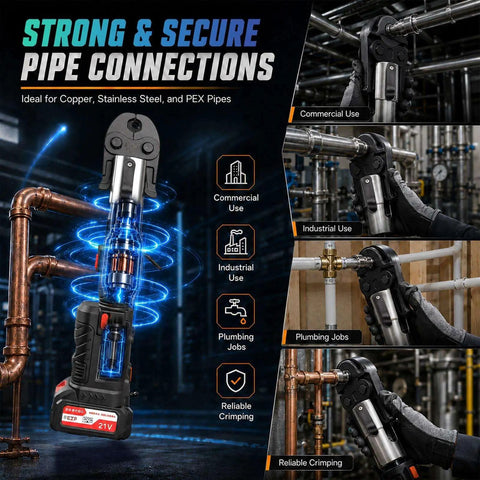 Heavy Duty 21V Cordless Hydraulic Pipe Crimper With 60KN Force For Copper HVAC Plumbing, crimping stainless steel and PEX pipes.