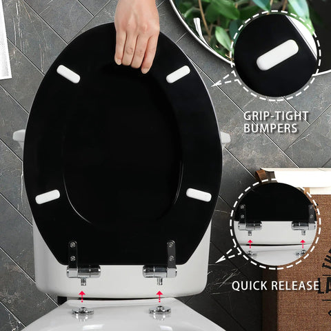 Whisper Quiet Close Elongated Toilet Seat With Zinc Alloy Hinges, Quick Release For Easy Cleaning, UV Wood Molded Lid, Black Finish, Durable And Quiet, Fits All American Toilets For A Tight, Noise Free Sit