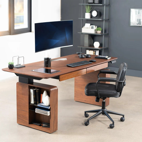 Top Shelf Executive Sit Stand Desk Rich Walnut Top With Generous 71 By 30 Surface Built In Drawers Power Outlet Cable Management Ergonomic Height Adjust Workstation Heavy Hitter Setup in office setting with monitor and accessories.