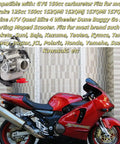 Red motorcycle with BeefedUp 24Mm PD24J Carburetor Kit For 4 Stroke 125Cc 150Cc Engines displayed above, parked against a tiled wall.