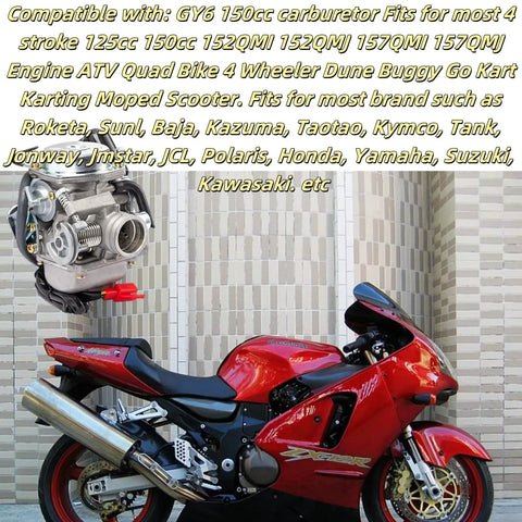 Red motorcycle with BeefedUp 24Mm PD24J Carburetor Kit For 4 Stroke 125Cc 150Cc Engines displayed above, parked against a tiled wall.