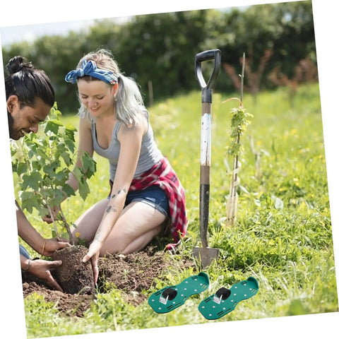 Two people planting a tree with Eight Piece Lawn Aerator Shoes With Solid Metal Straps For Easy Assembly nearby in a garden.