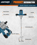 Diagram of Powerful 2300W Electric Cement Mixer Handheld With 6 Speed Settings showing motor, handle, mixing head, 110V.