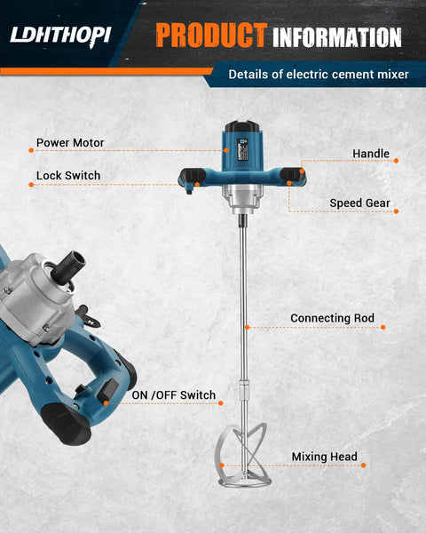 Diagram of Powerful 2300W Electric Cement Mixer Handheld With 6 Speed Settings showing motor, handle, mixing head, 110V.