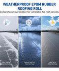 Rock Solid Heavy Duty EPDM Rubber Roofing Roll Featuring Butyl Self Adhesive Foolproof Peel And Install Design For Flat Or Camper Roofs 51 Mil Thick Flexible Waterproof Tight As A Drum Seal 39X33 on a flat roof showing ice, rain, and sun protection.