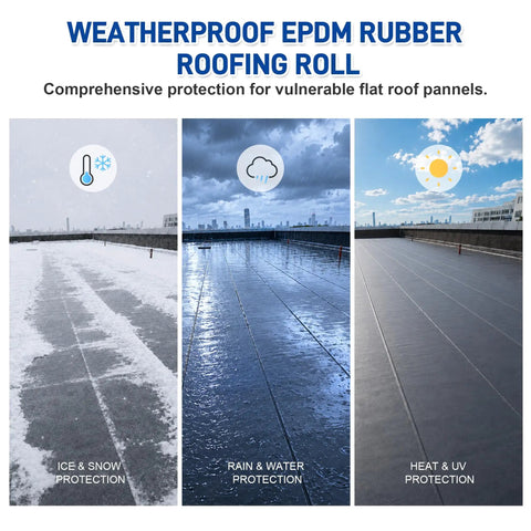 Rock Solid Heavy Duty EPDM Rubber Roofing Roll Featuring Butyl Self Adhesive Foolproof Peel And Install Design For Flat Or Camper Roofs 51 Mil Thick Flexible Waterproof Tight As A Drum Seal 39X33 on a flat roof showing ice, rain, and sun protection.