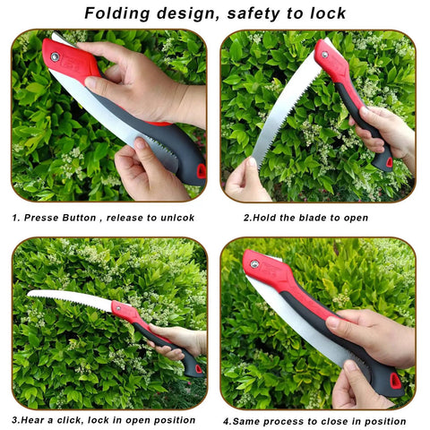 Badass Tough As Nails 10 Inch Folding Pruning Saw With SK5 Steel Blade Cuts 6 Inch Branches Easy Portable Heavy Duty hand saw using safety mechanism.
