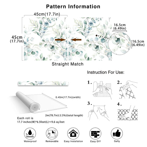 Peel And Stick Boho Green And White Eucalyptus Leaf Wallpaper For Walls Easy Install No Mess Removable And Repositionable Renter Friendly Durable Matte Finish Perfect For Nursery And Home Decor Seventeen Point Three Inches By Seventy Eight Point Seven pattern and instructions