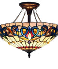 Serenity Tiffany-Style Dark Bronze 2 Light Semi-Flush Ceiling Fixture 16 Inch Wide With Handcrafted Stained Glass Crystals Beads Uplight
