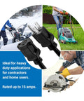 Workhorse 25 Foot Outdoor Extension Cord With Power Indicator Light 12 Gauge Three Conductor SJTW shown with tools and lawn mower