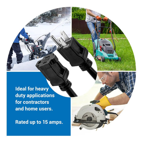 Workhorse 25 Foot Outdoor Extension Cord With Power Indicator Light 12 Gauge Three Conductor SJTW shown with tools and lawn mower