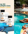 Hot Tub Scum Absorber Turtle 2 Pack Floating Spa Sponge Scoop to Ditch the Greasy Film Capture Lotion Buildup Reusable Mesh Cloths Water Test Kit with soft sponges and water kit.