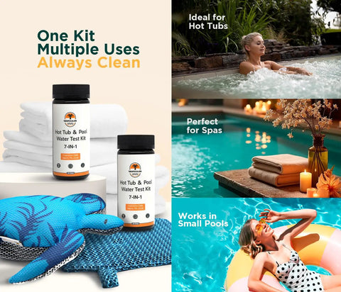 Hot Tub Scum Absorber Turtle 2 Pack Floating Spa Sponge Scoop to Ditch the Greasy Film Capture Lotion Buildup Reusable Mesh Cloths Water Test Kit with soft sponges and water kit.