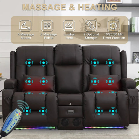 Power Loveseat Recliner With One Touch Control For Backrest And Footrest Massage And Heat Wall Hugger Console Sofa With LED