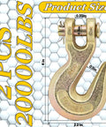Close-up of Five Sixteenth Inch Clevis Grab Hooks Heavy Duty Chain Hooks with dimensions and 20000 lbs capacity label.