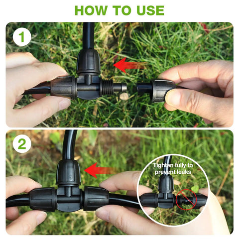 Six Pack Five Sixteenth Inch Drip Irrigation Tee Connectors Barbed Lock Fittings usage demonstration outdoors