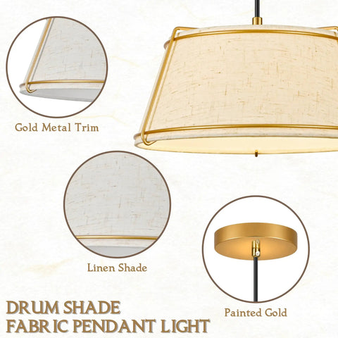 AyshwillDec 10" Modern Gold Linen Pendant Light Dining Room Bulb Included, showing gold metal trim and linen shade fabric.