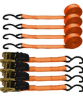 Tough As Nails Ratchet Tie Down Straps 15 Foot Long 4 Pack Heavy Duty Cargo Straps With 1500 Lb Break Strength For Truck Beds Motorcycles And Lawn Gear Hauling Orange, showing heavy duty orange straps and hooks.