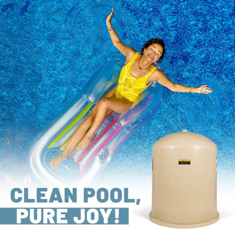 Woman relaxing on pool float with Tank Lid Replacement For Pentair FNS Plus FNSP60 180009 60 Sq Ft DE Cartridge Filter Cover beside